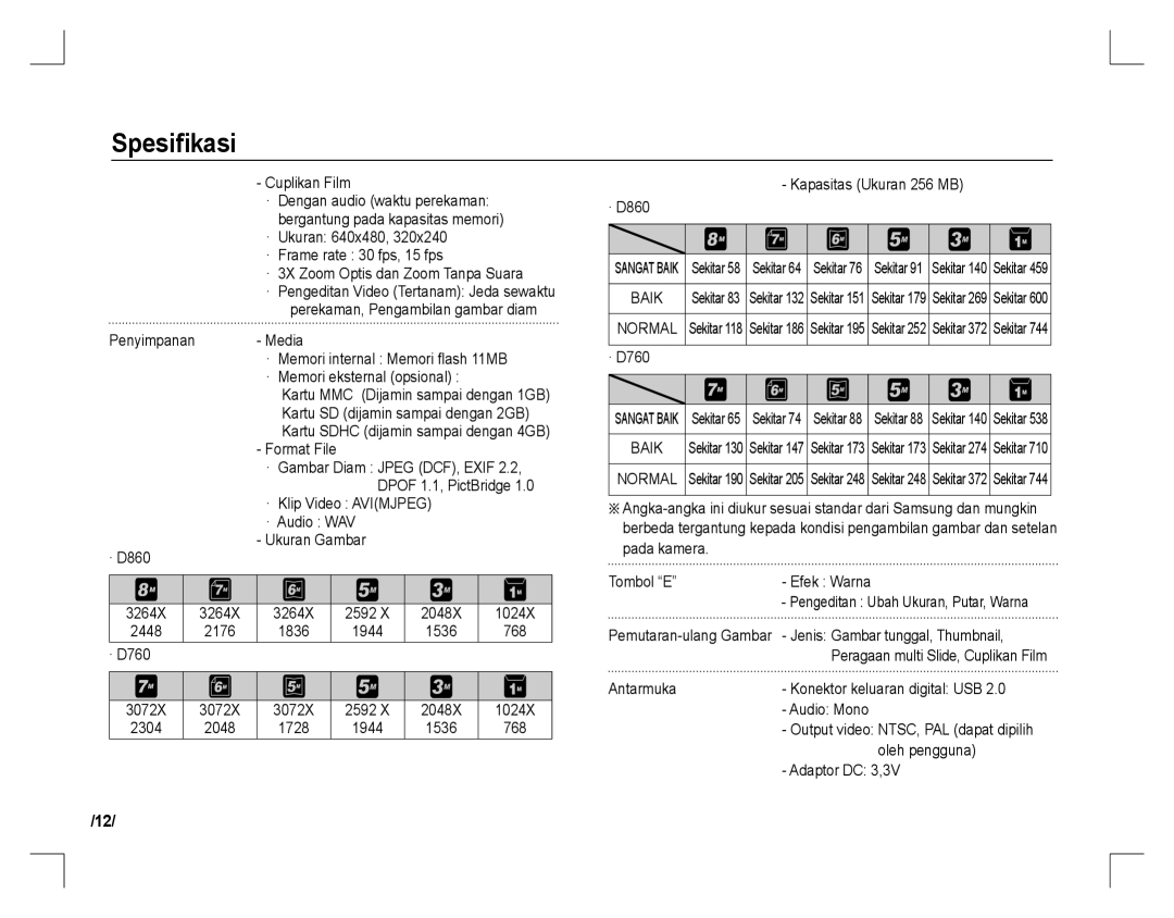 Samsung EC-D760ZSDE/AS manual Cuplikan Film, · Klip Video Avimjpeg · Audio WAV Ukuran Gambar · D860, 2592, Oleh pengguna 