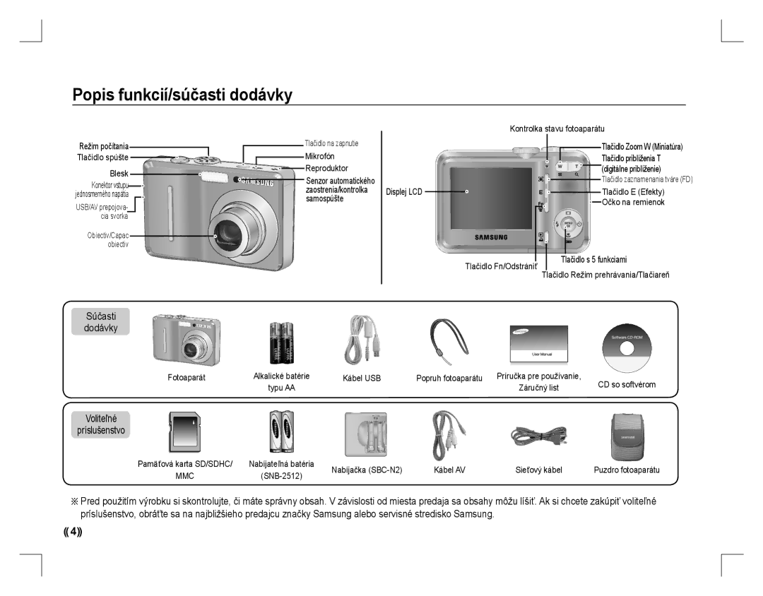 Samsung EC-D760ZSBD/E1, EC-D860ZSBC/FR manual Popis funkcií/súčasti dodávky, Súčasti Dodávky, Voliteľné Príslušenstvo 