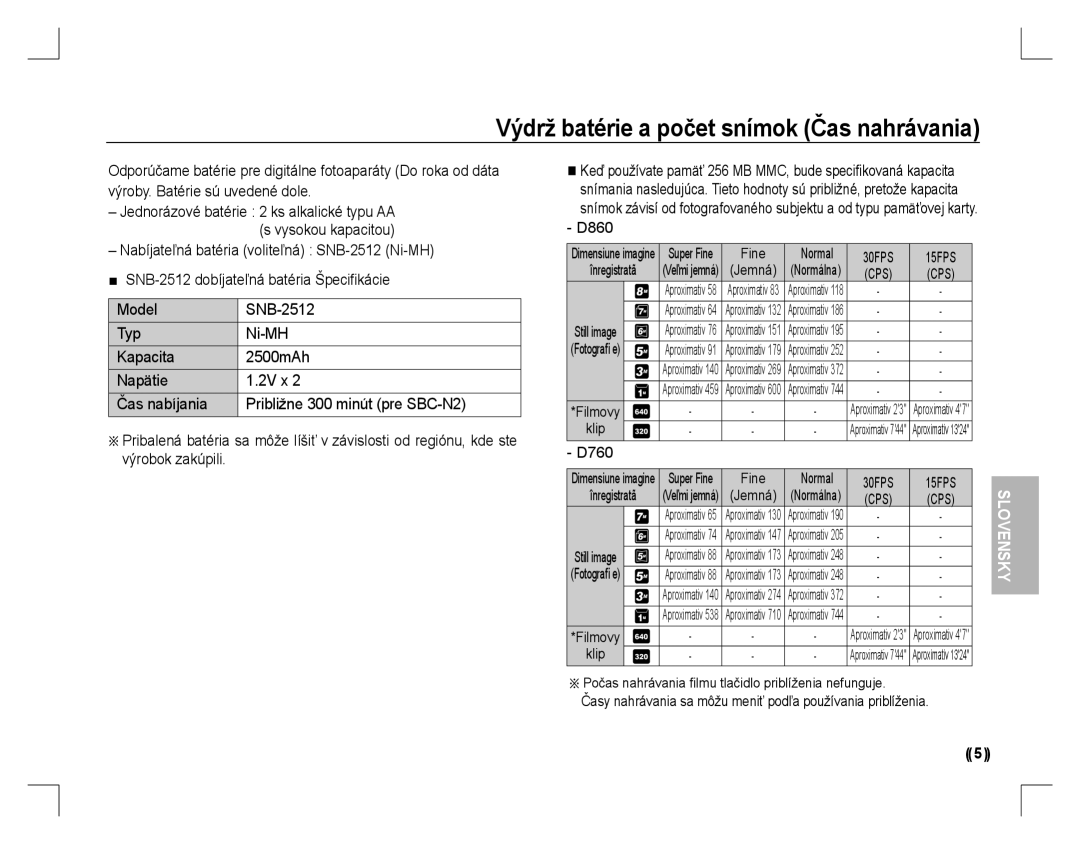 Samsung EC-D860ZSBC/AS, EC-D860ZSBC/FR, EC-D860ZSBD/FR, EC-D860ZSBB/FR Výdrž batérie a počet snímok Čas nahrávania, Klip 