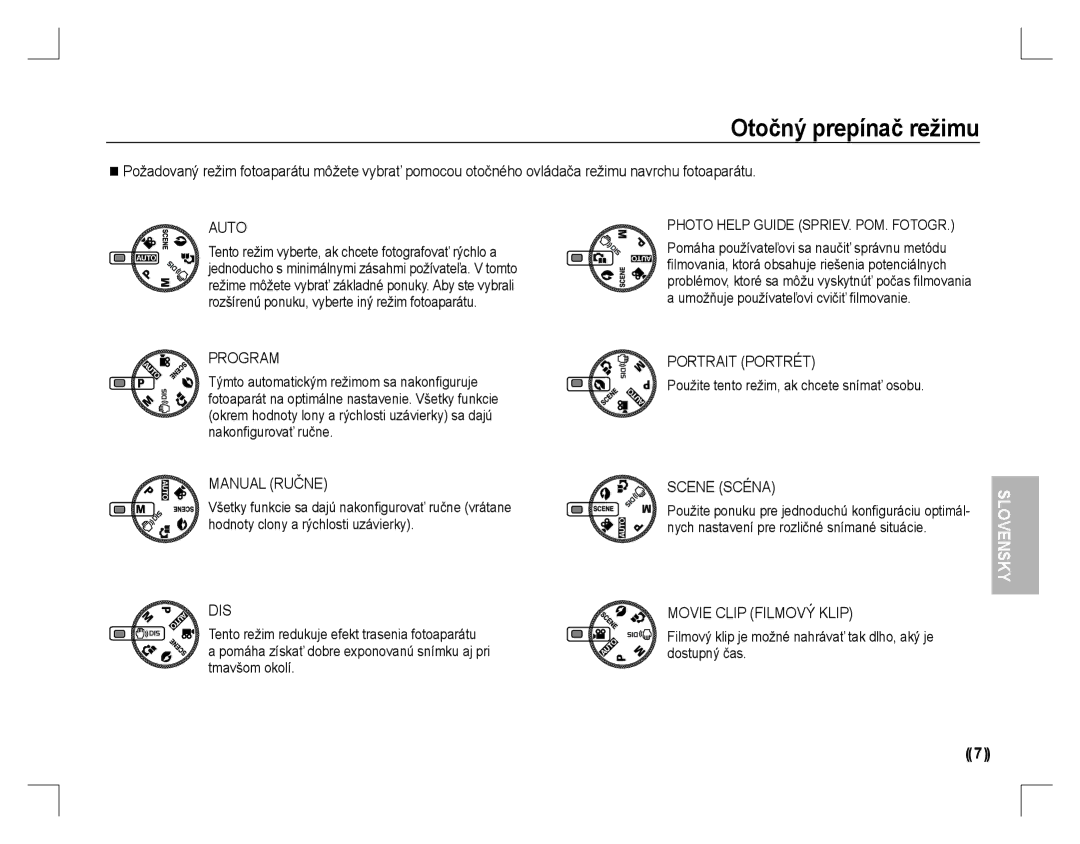 Samsung EC-D760ZSBC/AS manual Otočný prepínač režimu, Manual Ručne, Portrait Portrét, Scene Scéna, Movie Clip Filmový Klip 