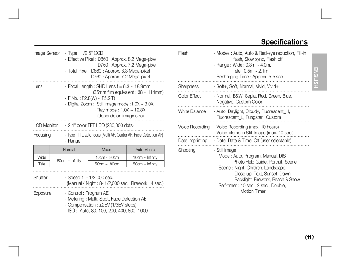 Samsung EC-D860ZSBC/AS, EC-D860ZSBC/FR, EC-D860ZSBD/FR, EC-D860ZSBB/FR, EC-D760ZSDB/E3, EC-D860ZSDB/E3 manual Speciﬁcations 