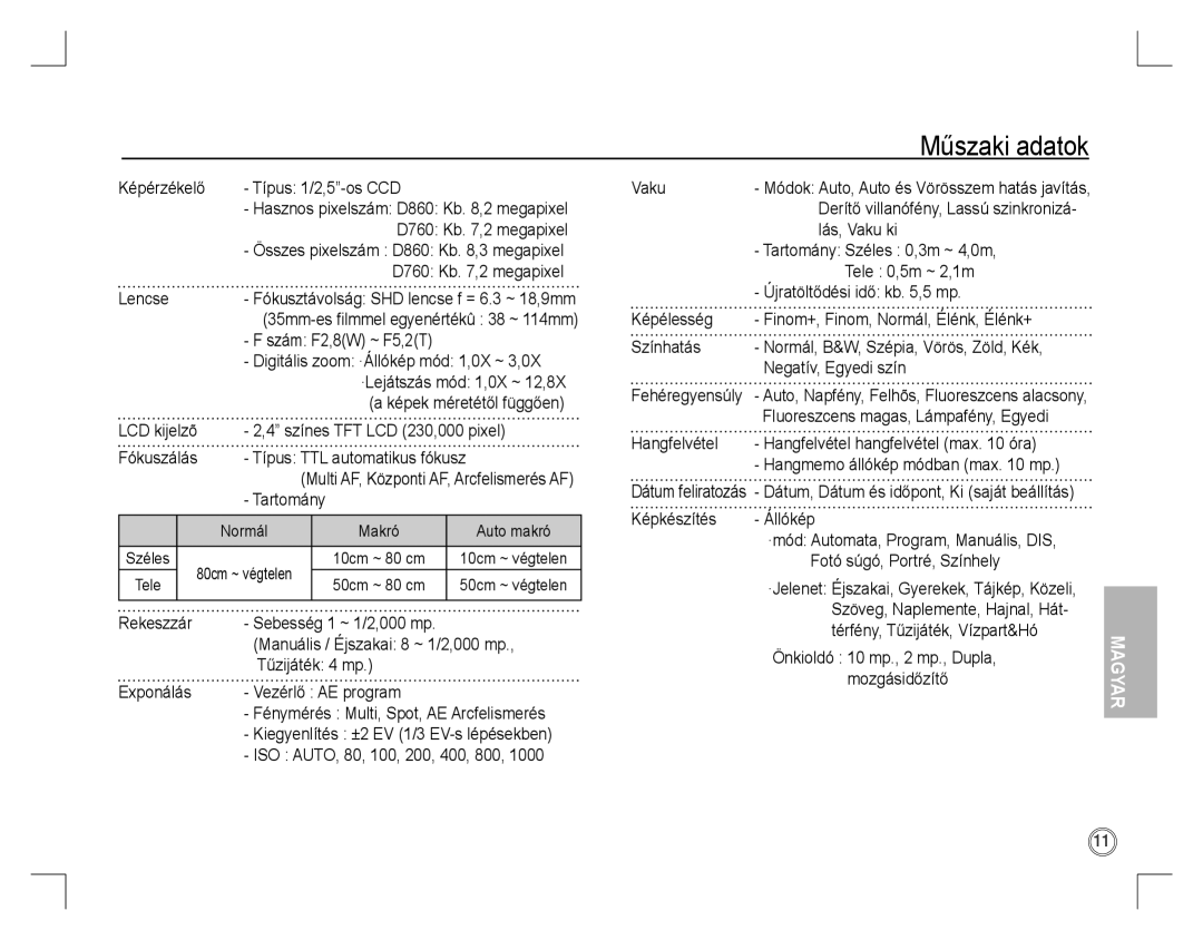 Samsung EC-D860ZSDB/E3, EC-D860ZSBC/FR, EC-D860ZSBD/FR, EC-D860ZSBB/FR, EC-D760ZSDB/E3, EC-D760ZSBB/FR manual Műszaki adatok 