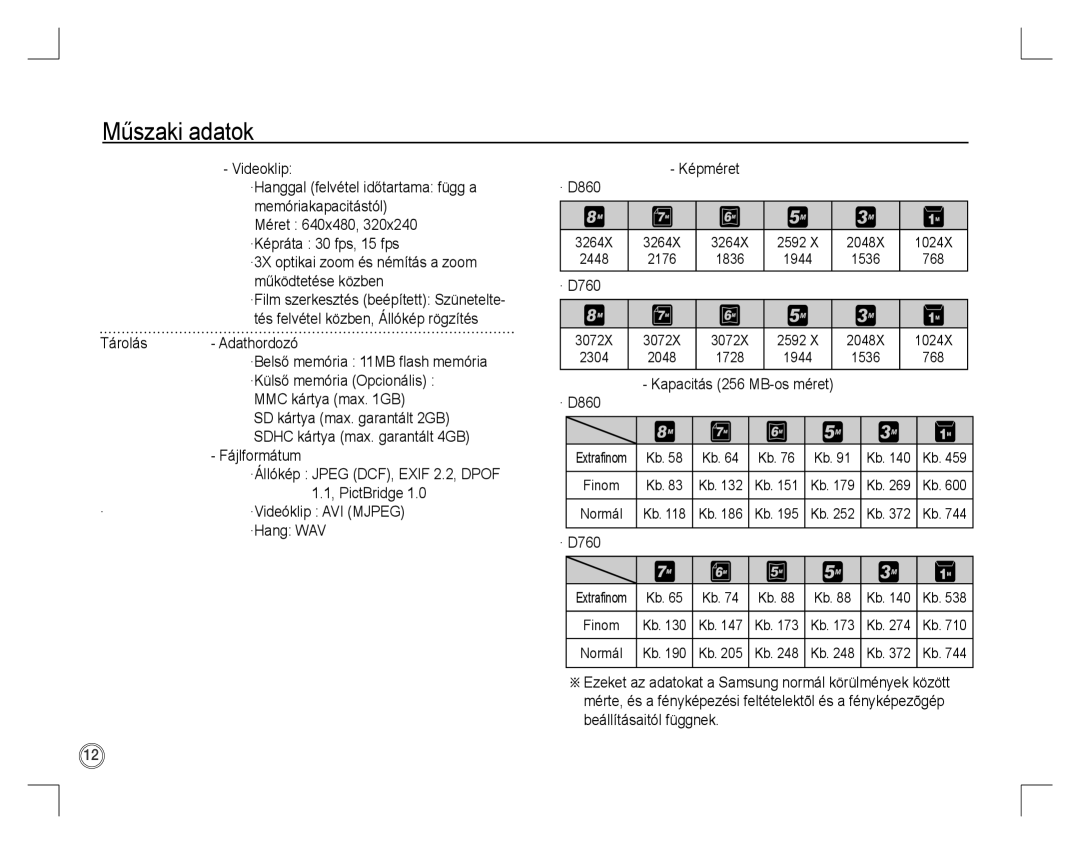 Samsung EC-D760ZSBB/FR Működtetése közben, Tárolás Adathordozó, ·Külső memória Opcionális, MMC kártya max GB, Fájlformátum 