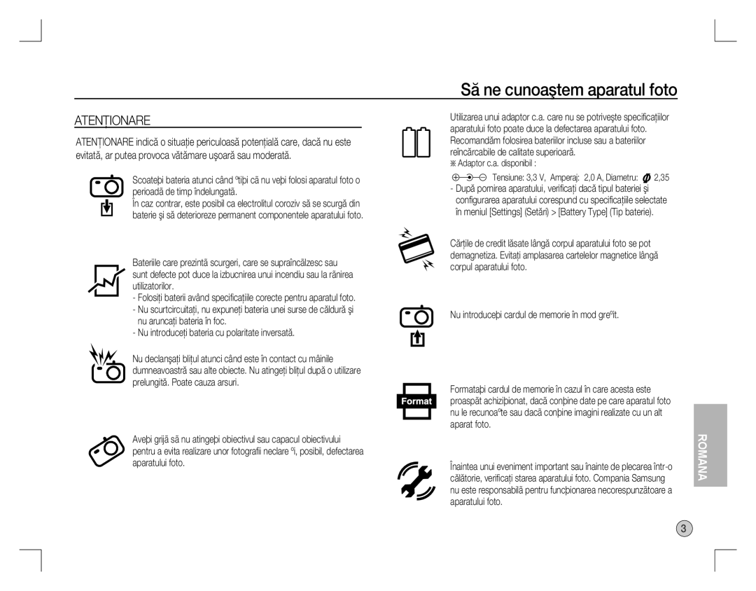 Samsung EC-D860ZSBC/AS manual Atenţionare, Adaptor c.a. disponibil, Nu introduceþi cardul de memorie în mod greºit 