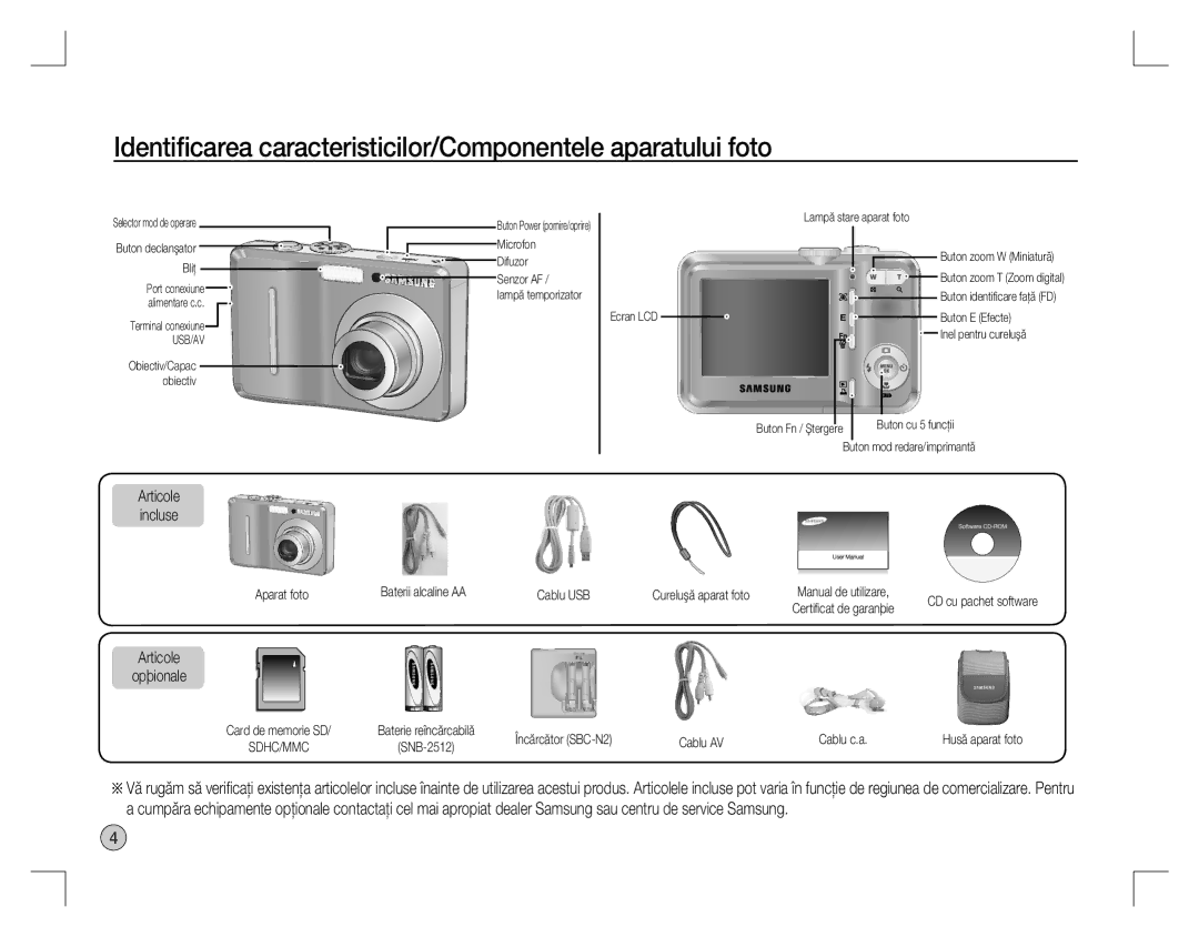 Samsung EC-D760ZPBA/E1, EC-D860ZSBC/FR Identiﬁcarea caracteristicilor/Componentele aparatului foto, Articole Opþionale 