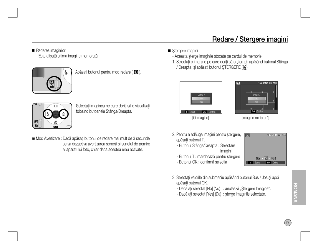 Samsung EC-D860ZSBB/TR, EC-D860ZSBC/FR, EC-D860ZSBD/FR manual Redare / Ştergere imagini, Butonul OK conﬁrmă selecţia, Imagine 