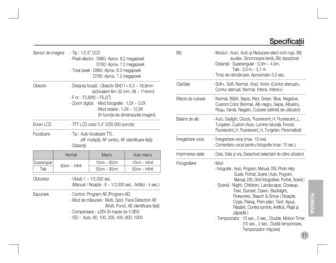 Samsung EC-D760ZSDD/AS, EC-D860ZSBC/FR, EC-D860ZSBD/FR, EC-D860ZSBB/FR, EC-D760ZSDB/E3, EC-D860ZSDB/E3 manual Speciﬁcaţii 