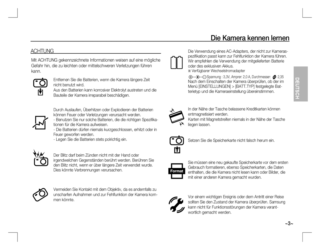 Samsung EC-D760ZSDD/AS, EC-D860ZSBC/FR, EC-D860ZSBD/FR, EC-D860ZSBB/FR manual Achtung, Verfügbarer Wechselstromadapter 