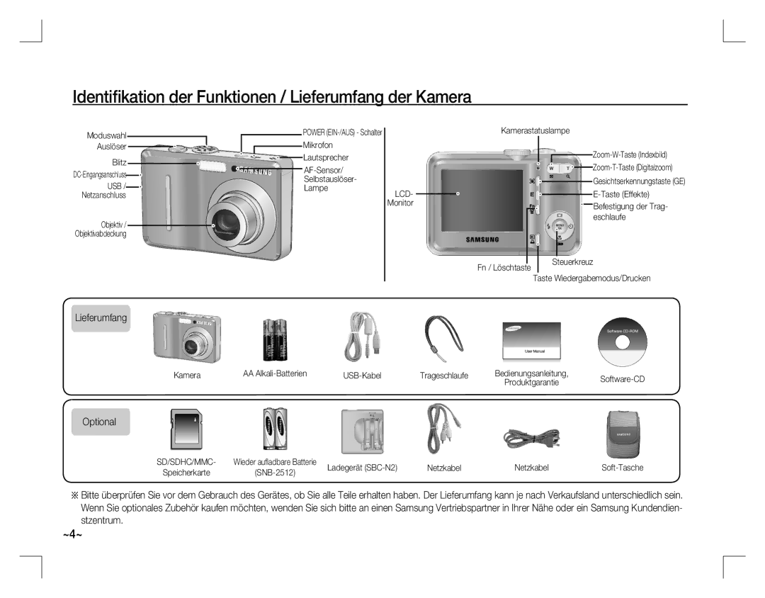 Samsung EC-D760ZSBD/AS, EC-D860ZSBC/FR, EC-D860ZSBD/FR Identiﬁkation der Funktionen / Lieferumfang der Kamera, Optional 