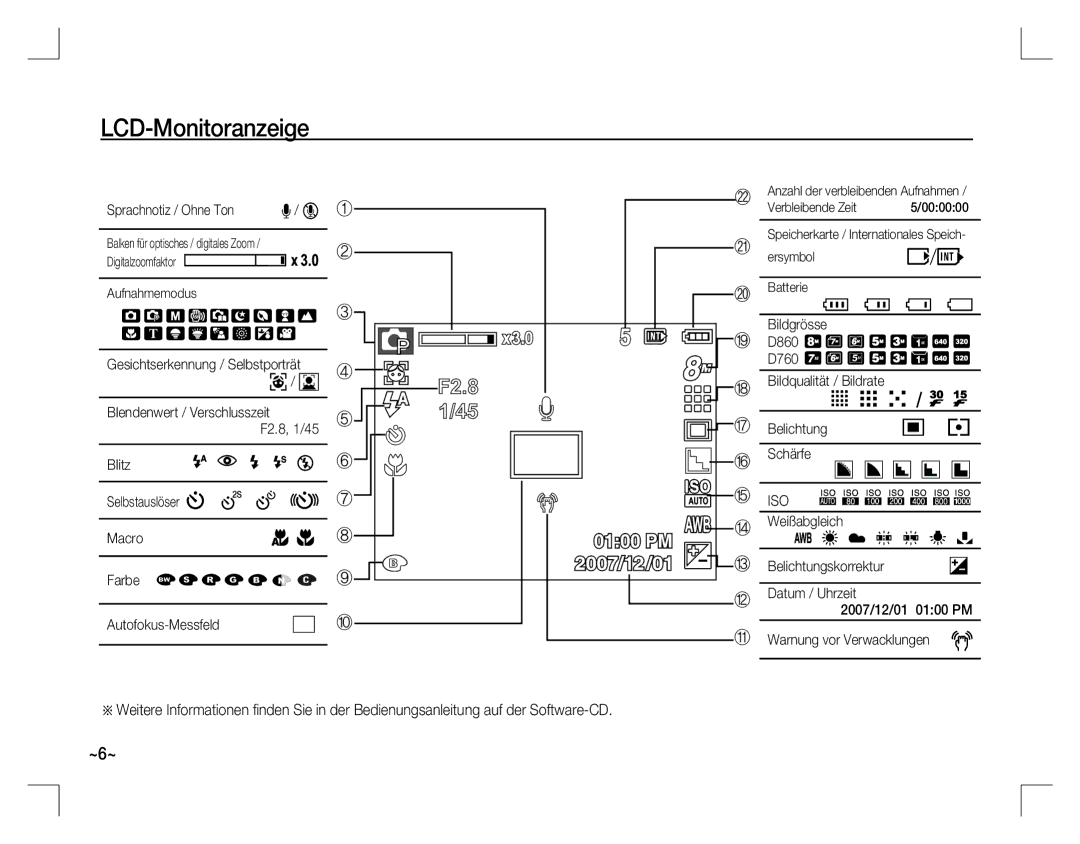 Samsung EC-D860ZSDE/AS, EC-D860ZSBC/FR, EC-D860ZSBD/FR, EC-D860ZSBB/FR manual LCD-Monitoranzeige, Sprachnotiz / Ohne Ton 