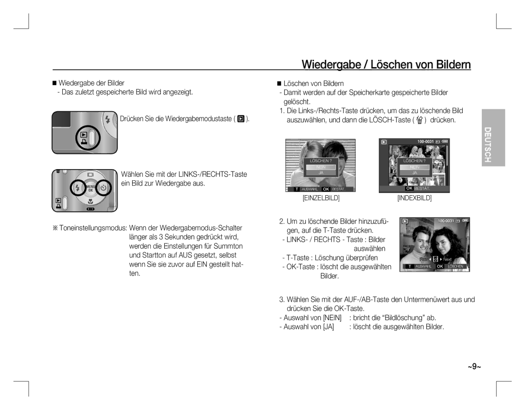 Samsung EC-D760ZBBB/RU, EC-D860ZSBC/FR manual Wiedergabe / Löschen von Bildern, Taste Löschung überprüfen, Auswahl von JA 