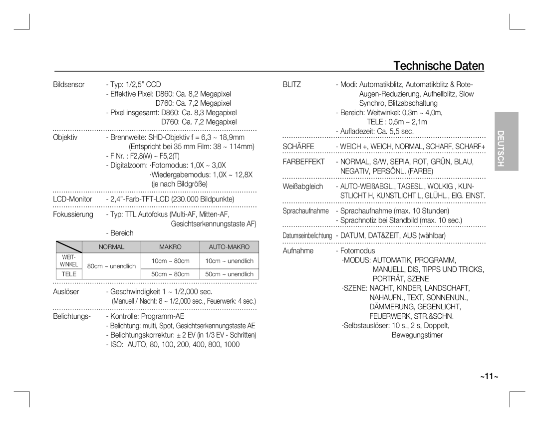 Samsung EC-D860ZSBB/RU, EC-D860ZSBC/FR manual Technische Daten, Blitz, Schärfe, Farbeffekt, NEGATIV, PERSÖNL. Farbe 