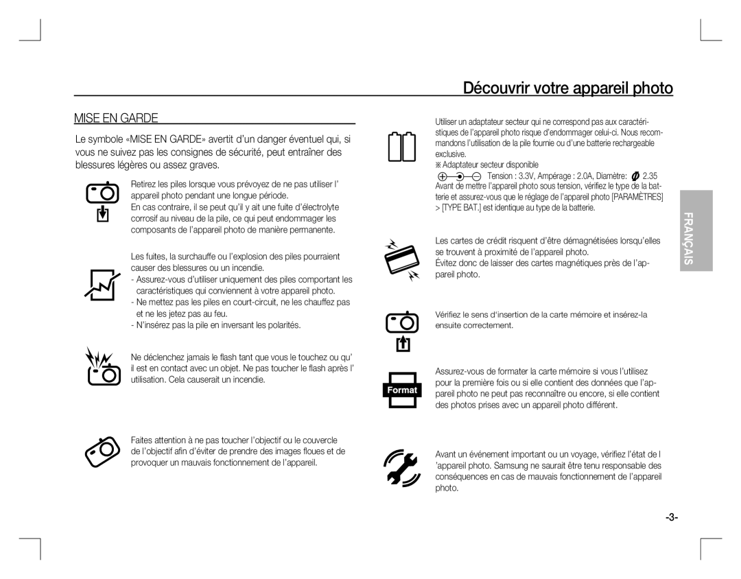 Samsung EC-D760ZSBB/IT, EC-D860ZSBC/FR, EC-D860ZSBD/FR, EC-D860ZSBB/FR manual Mise EN Garde, Adaptateur secteur disponible 