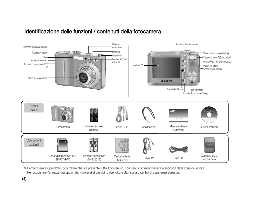 Samsung EC-D860ZSDE/AS Identiﬁcazione delle funzioni / contenuti della fotocamera, Articoli inclusi, Componenti Opzionali 