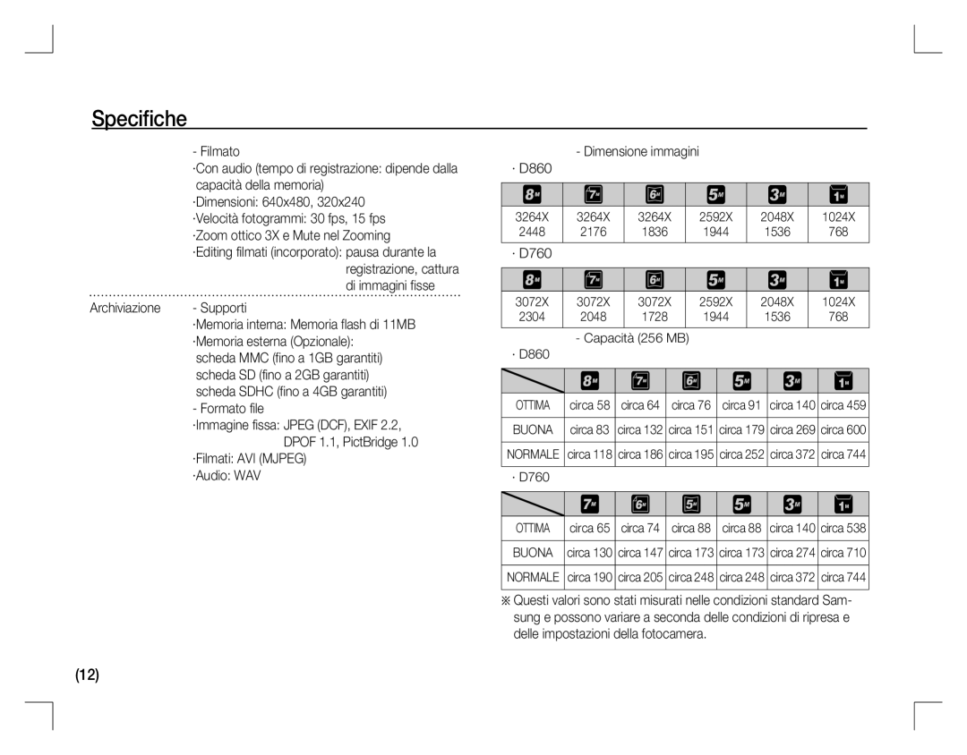 Samsung EC-D860ZSBD/FR manual Archiviazione Supporti, ·Filmati AVI Mjpeg ·Audio WAV, · D760, Capacità 256 MB · D860 