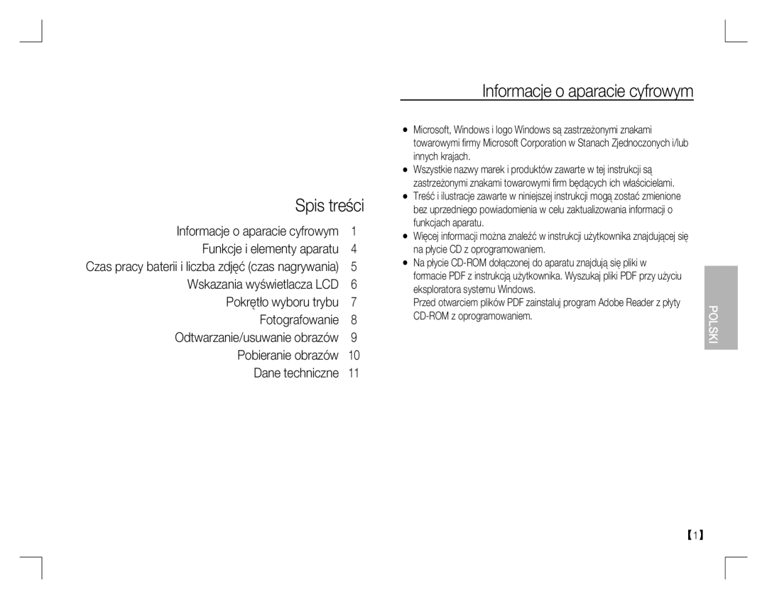 Samsung EC-D760ZSBB/IT Spis treści, Informacje o aparacie cyfrowym, Czas pracy baterii i liczba zdjęć czas nagrywania 