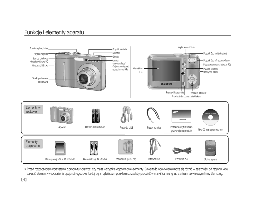 Samsung EC-D860ZSBB/IT, EC-D860ZSBC/FR, EC-D860ZSBD/FR, EC-D860ZSBB/FR manual Funkcje i elementy aparatu, Elementy w zestawie 