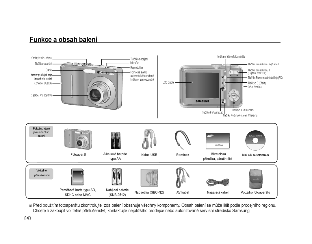 Samsung EC-D760ZSBA/E2, EC-D860ZSBC/FR, EC-D860ZSBD/FR, EC-D860ZSBB/FR, EC-D760ZSDB/E3, EC-D860ZSDB/E3 Funkce a obsah balení 