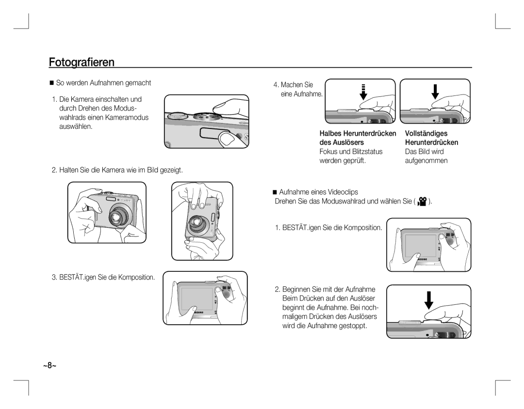 Samsung EC-D760ZSBA/E2 manual Fotograﬁeren, So werden Aufnahmen gemacht, Halbes Herunterdrücken Vollständiges Des Auslösers 