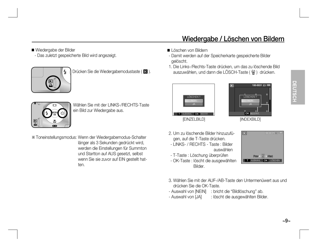 Samsung EC-D760ZBBB/RU, EC-D860ZSBC/FR manual Wiedergabe / Löschen von Bildern, Taste Löschung überprüfen, Auswahl von JA 