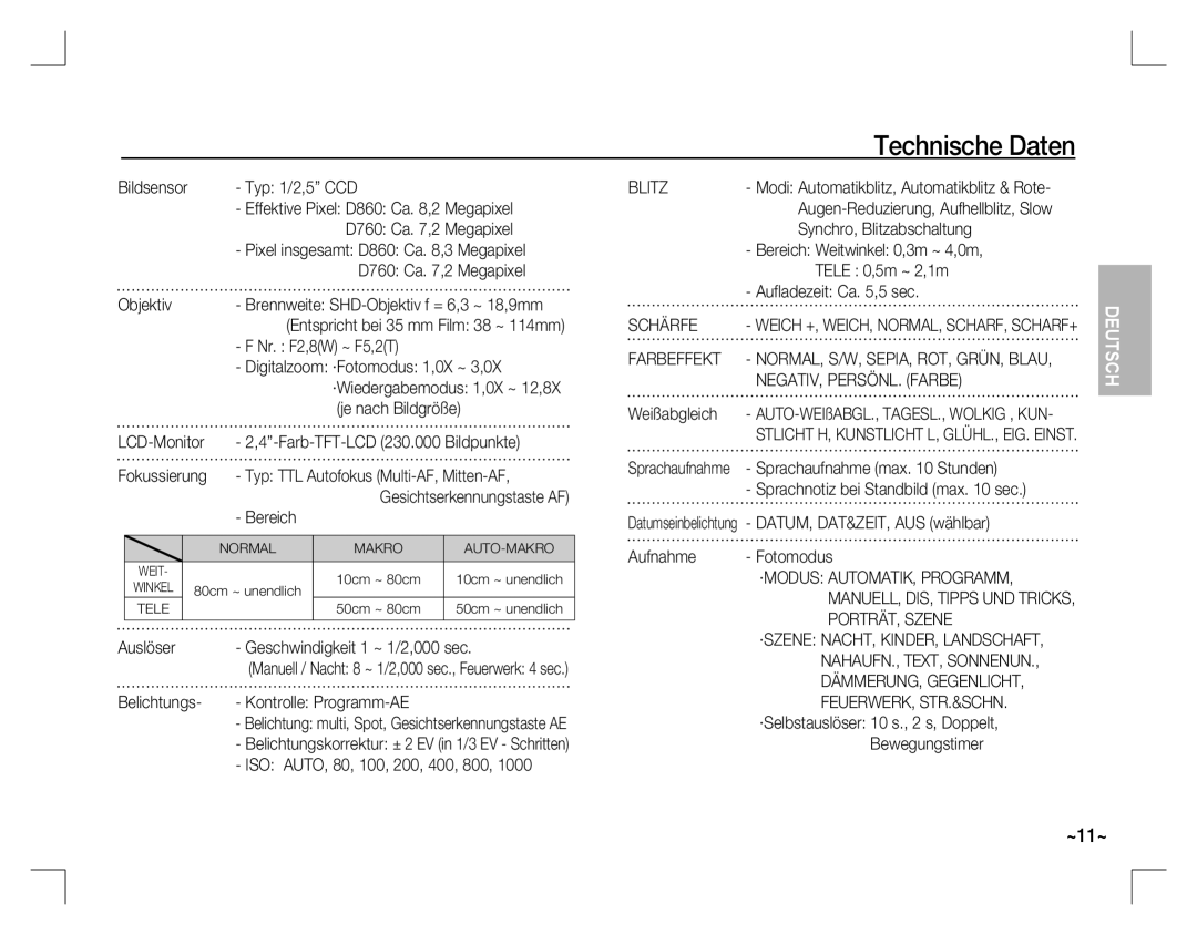 Samsung EC-D860ZSBB/RU, EC-D860ZSBC/FR, EC-D860ZSBD/FR, EC-D860ZSBB/FR, EC-D760ZSDB/E3, EC-D860ZSDB/E3 manual Technische Daten 