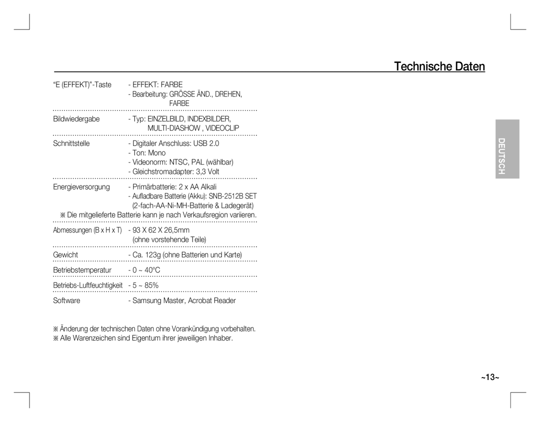 Samsung EC-D860ZSBC/FR, EC-D860ZSBD/FR EFFEKT-Taste, Bildwiedergabe, 93 X 62 X 26,5mm, Ohne vorstehende Teile, Gewicht 