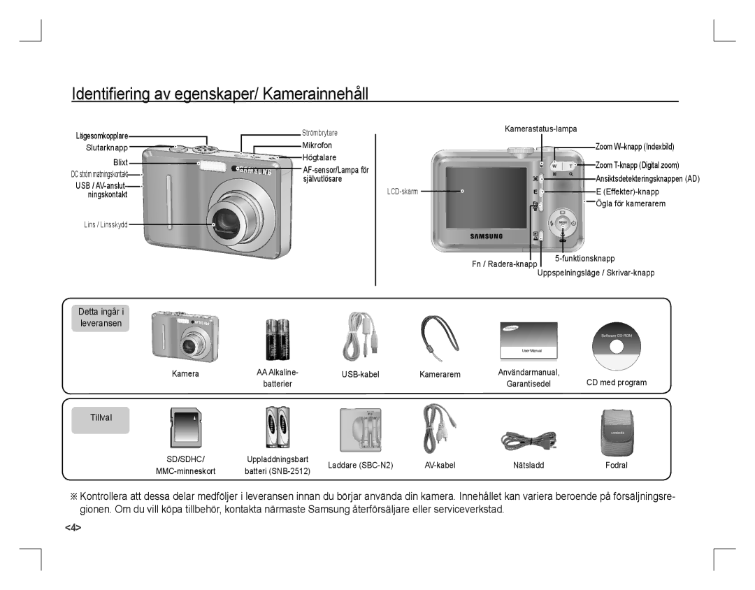 Samsung EC-D860ZSDE/AS, EC-D860ZSBC/FR, EC-D860ZSBD/FR, EC-D860ZSBB/FR Identiﬁering av egenskaper/ Kamerainnehåll, Tillval 