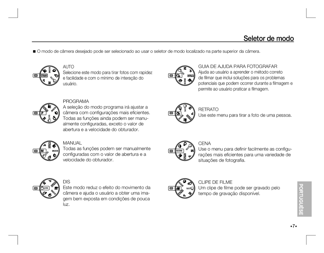 Samsung EC-D760ZSBC/AS manual Seletor de modo, Cena, Clipe DE Filme, Use este menu para tirar a foto de uma pessoa 