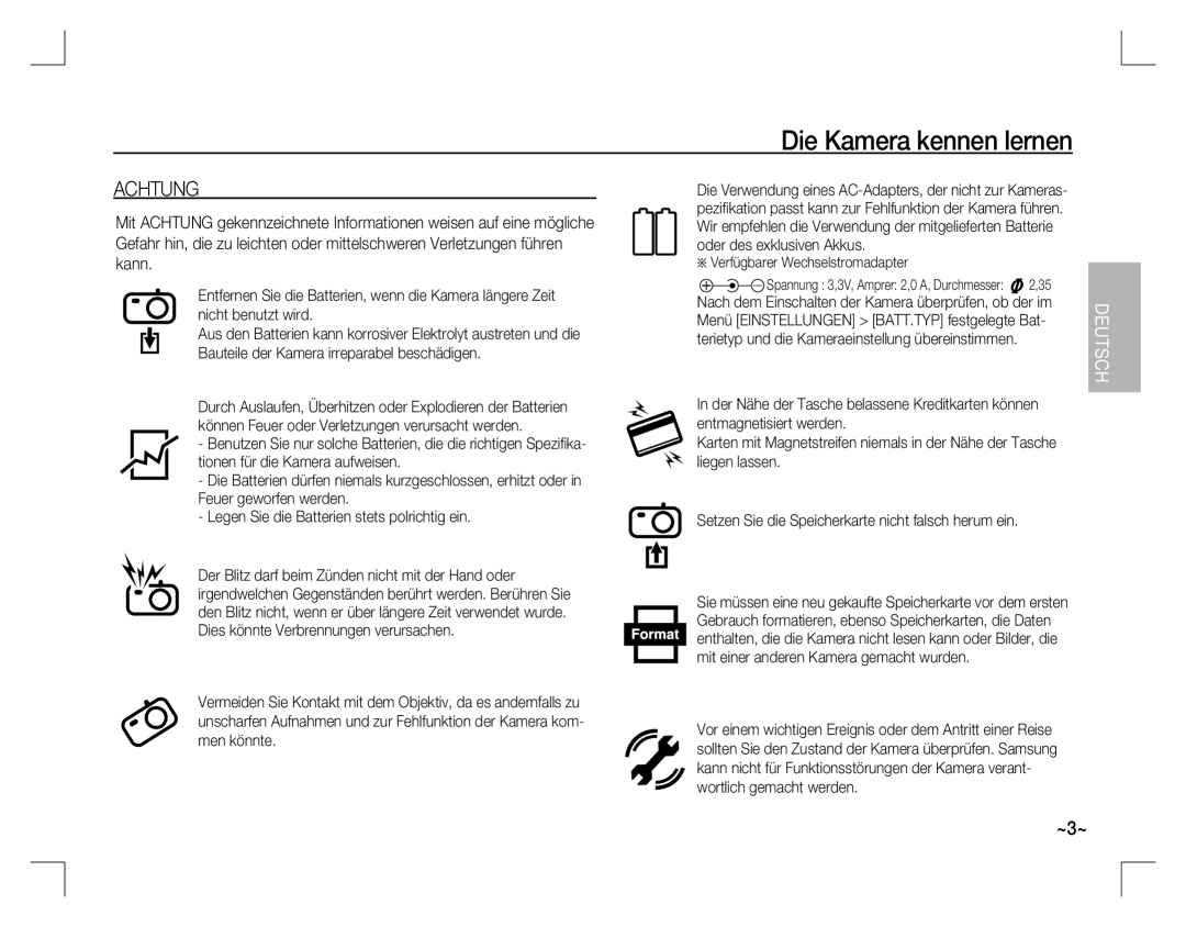 Samsung EC-D760ZSDD/AS, EC-D860ZSBC/FR, EC-D860ZSBD/FR, EC-D860ZSBB/FR manual Achtung, Verfügbarer Wechselstromadapter 