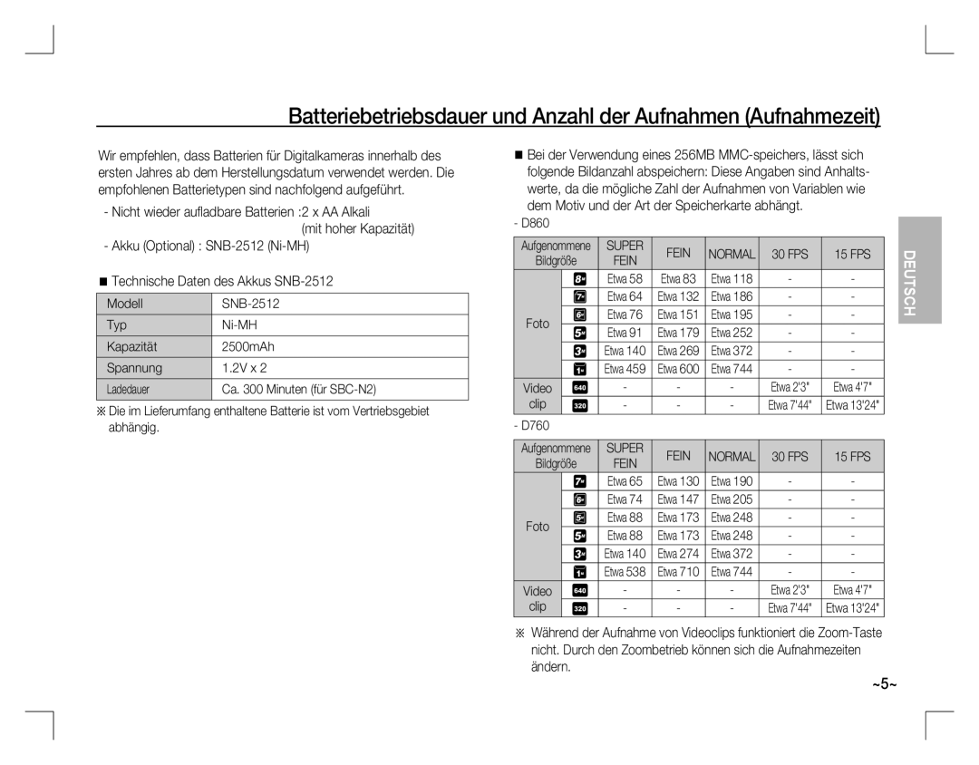 Samsung EC-D860ZSBD/AS, EC-D860ZSBC/FR manual Batteriebetriebsdauer und Anzahl der Aufnahmen Aufnahmezeit, FPS 15 FPS, D760 