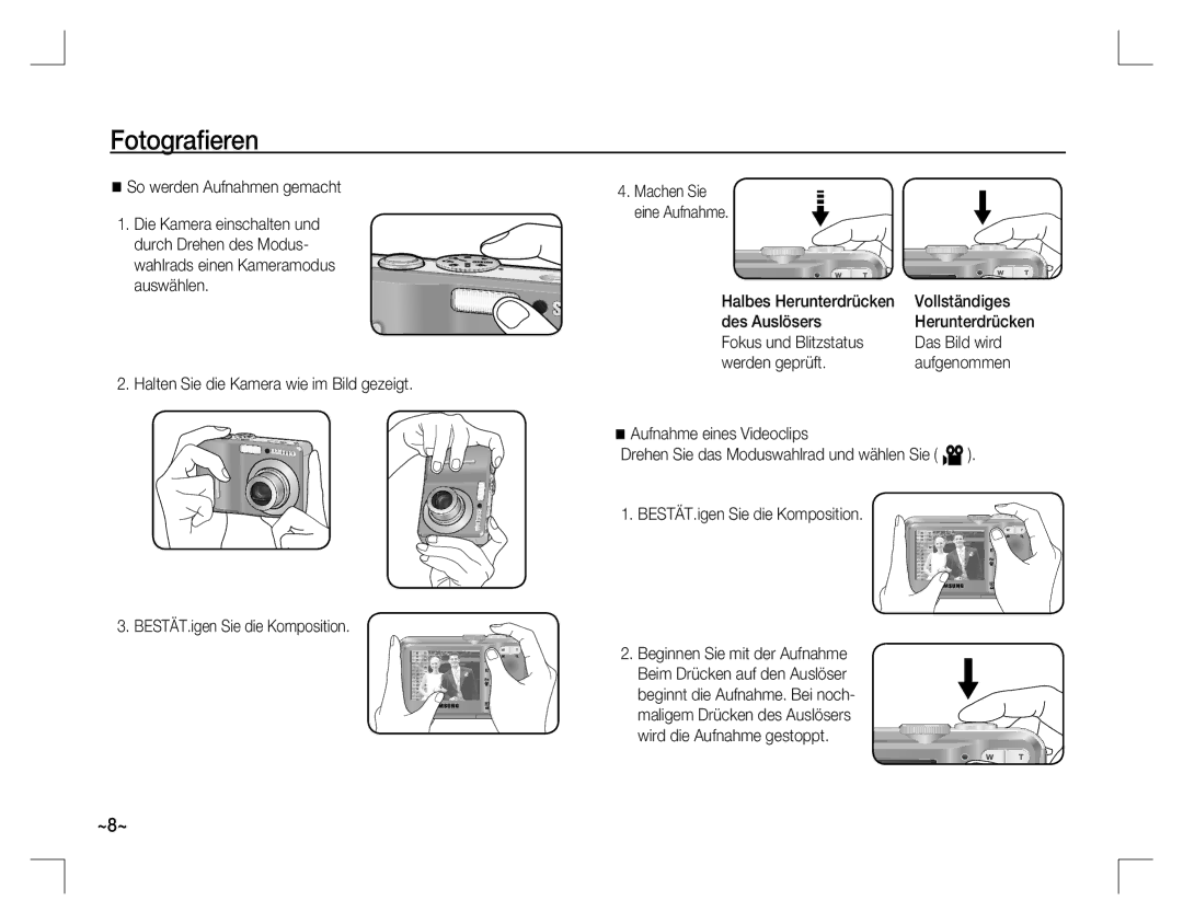 Samsung EC-D760ZSBA/E2 manual Fotograﬁeren, So werden Aufnahmen gemacht, Halbes Herunterdrücken Vollständiges Des Auslösers 