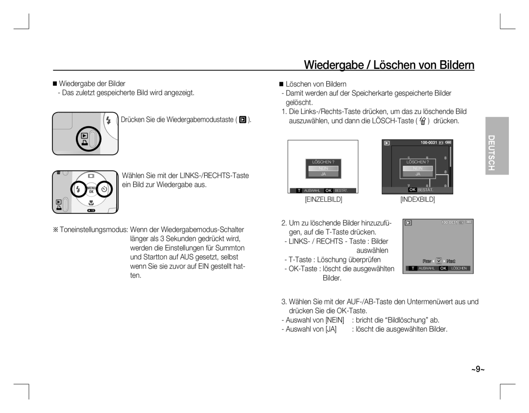 Samsung EC-D760ZBBB/RU, EC-D860ZSBC/FR manual Wiedergabe / Löschen von Bildern, Taste Löschung überprüfen, Auswahl von JA 