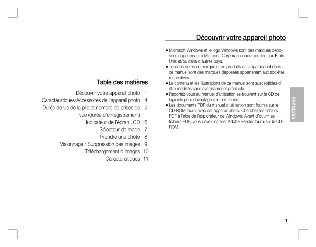 Samsung EC-D860ZSDB/E3, EC-D860ZSBC/FR, EC-D860ZSBD/FR, EC-D860ZSBB/FR Découvrir votre appareil photo, Table des matières 