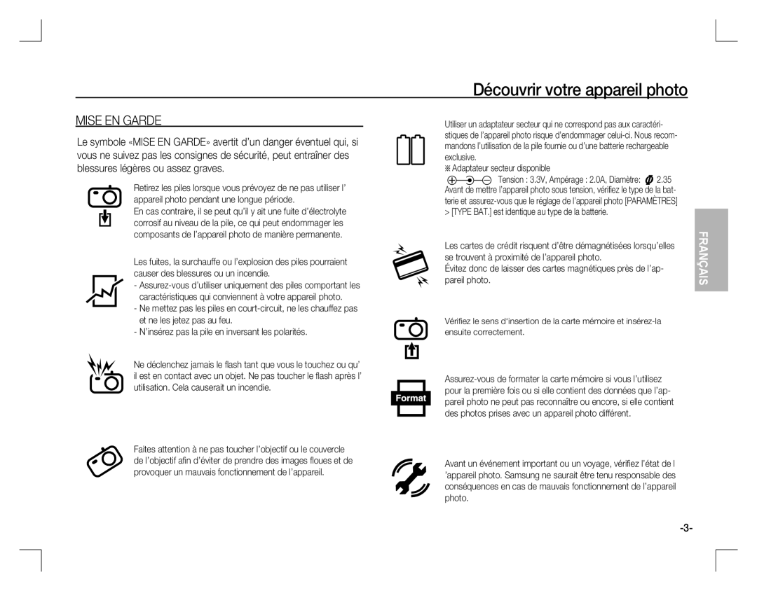 Samsung EC-D760ZSBB/IT, EC-D860ZSBC/FR, EC-D860ZSBD/FR, EC-D860ZSBB/FR manual Mise EN Garde, Adaptateur secteur disponible 