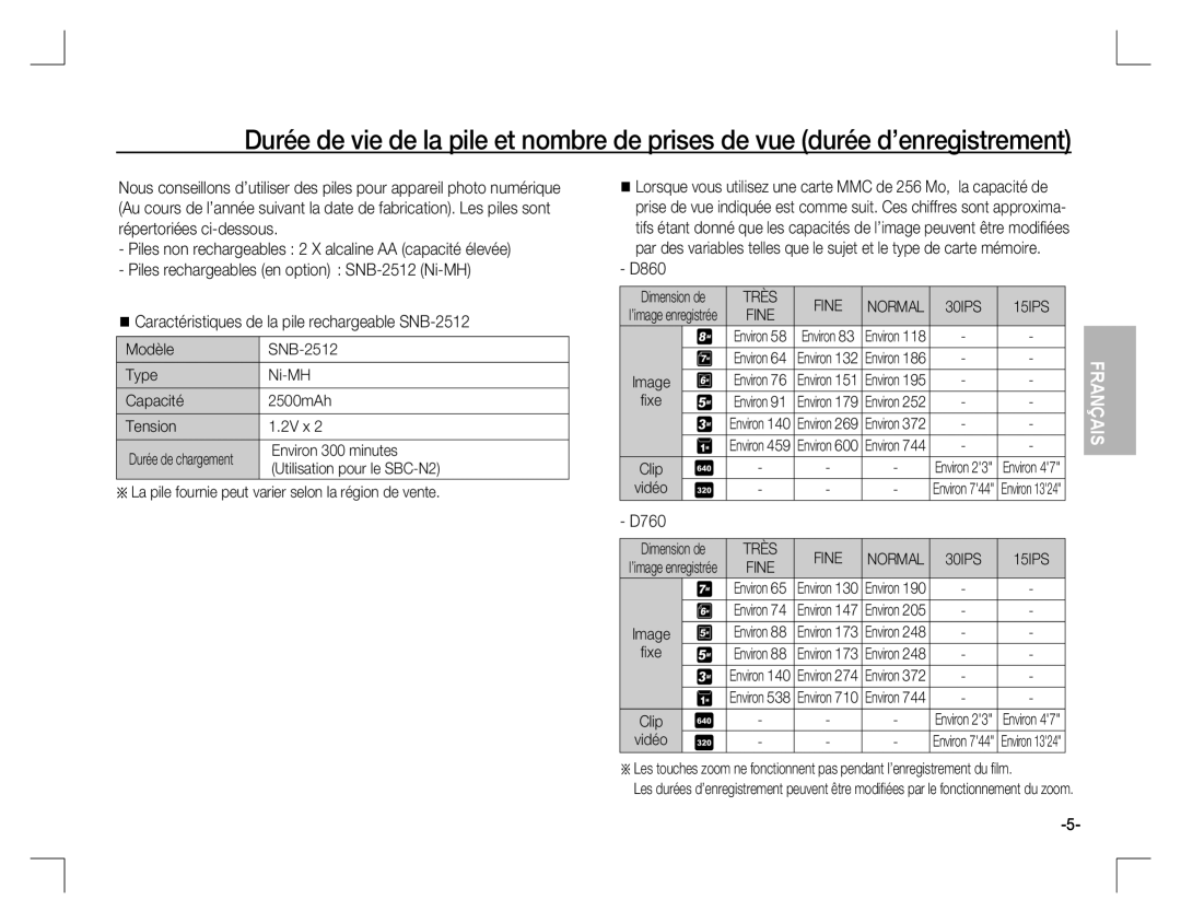 Samsung EC-D860ZSBD/E1 manual Modèle SNB-2512 Type Ni-MH Capacité 2500mAh Tension 2V x, Environ 300 minutes, Vidéo 