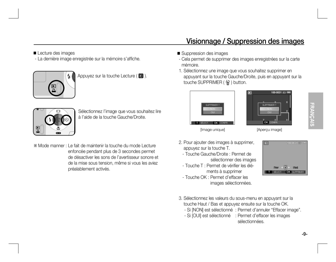 Samsung EC-D860ZSBC/AS manual Visionnage / Suppression des images, Touche T Permet de vériﬁ er les élé- ments à supprimer 