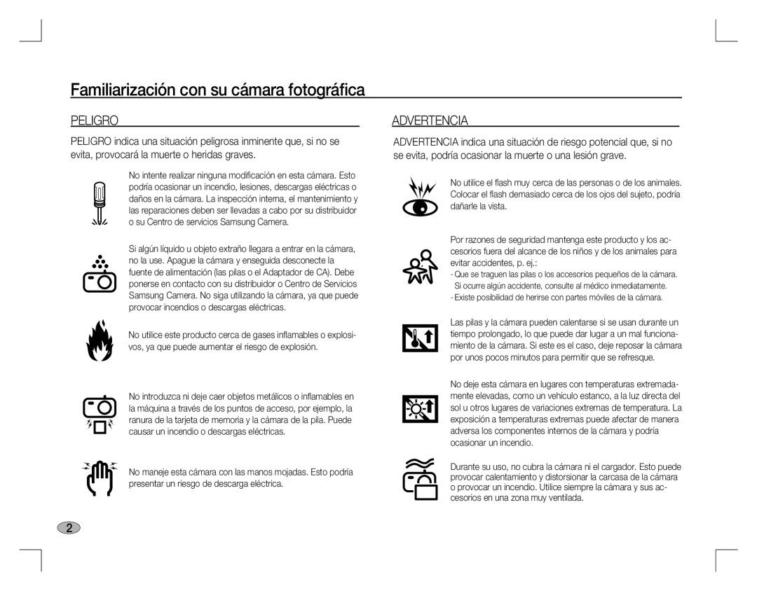 Samsung EC-D760ZSBD/AS, EC-D860ZSBC/FR, EC-D860ZSBD/FR manual Familiarización con su cámara fotográﬁca, Peligro, Advertencia 