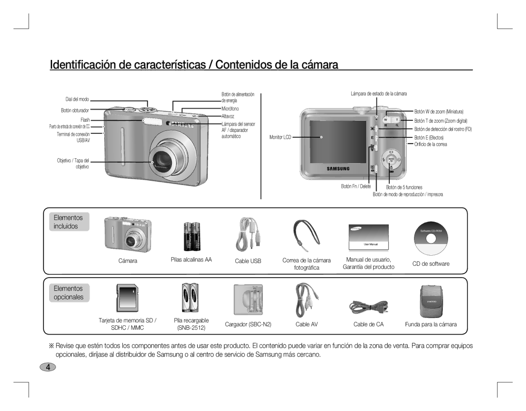 Samsung EC-D860ZSDE/AS, EC-D860ZSBC/FR Identiﬁcación de características / Contenidos de la cámara, Elementos opcionales 