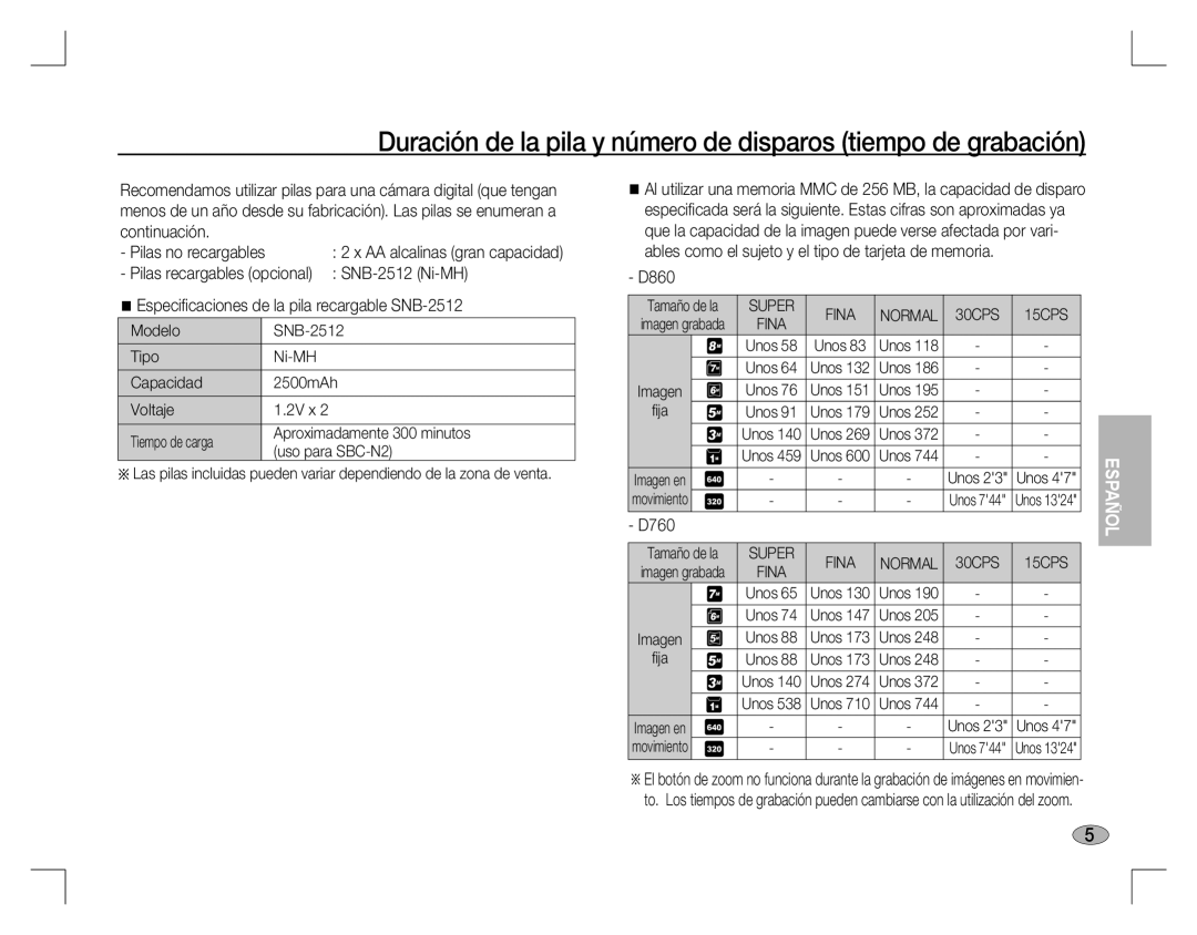 Samsung EC-D860ZSDG/AS, EC-D860ZSBC/FR, EC-D860ZSBD/FR manual Continuación, Pilas recargables opcional SNB-2512 Ni-MH 