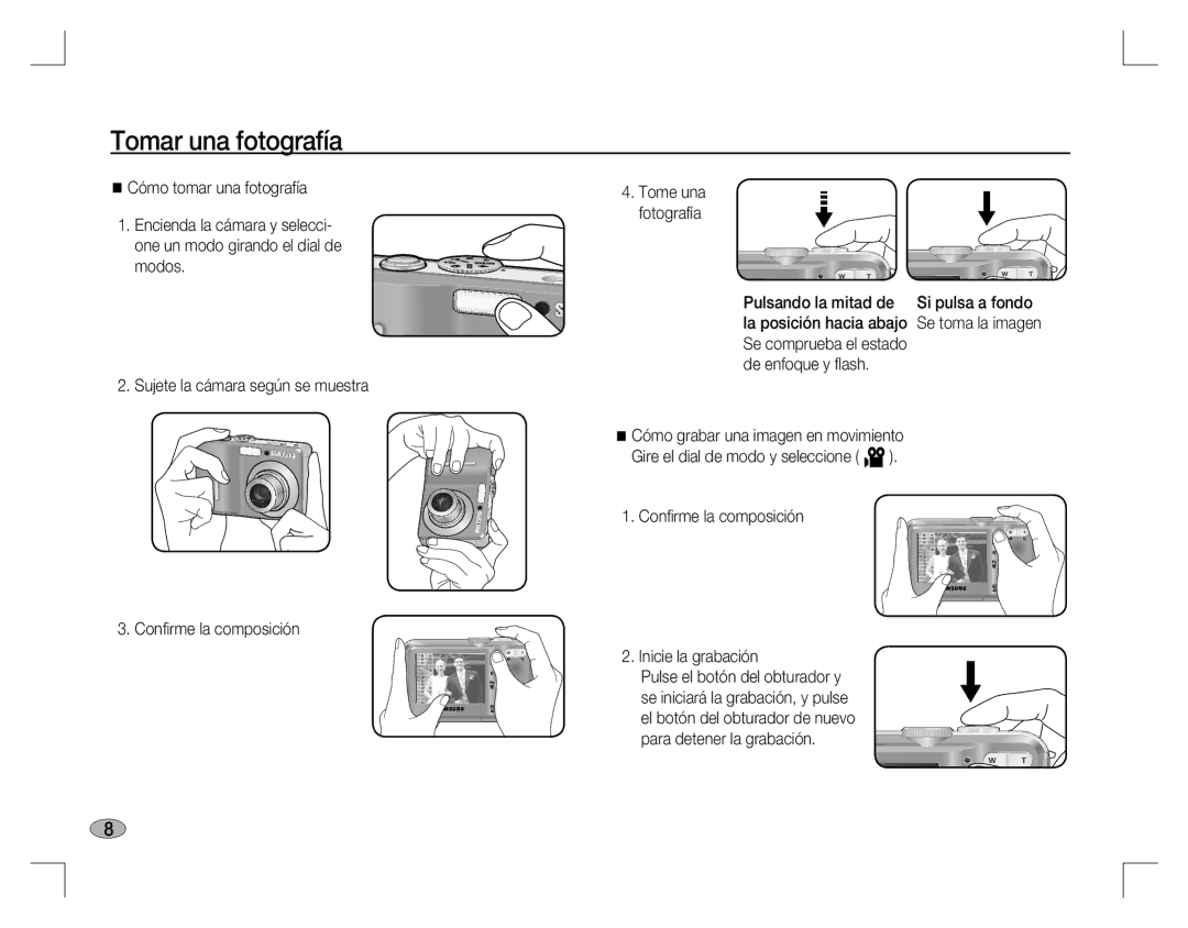 Samsung EC-D760ZSBB/RU, EC-D860ZSBC/FR, EC-D860ZSBD/FR, EC-D860ZSBB/FR manual Tomar una fotografía, Pulsando la mitad de 