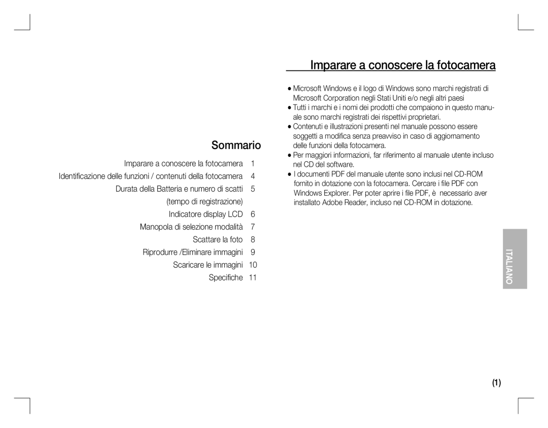 Samsung EC-D760ZSBB/IT, EC-D860ZSBC/FR, EC-D860ZSBD/FR, EC-D860ZSBB/FR manual Imparare a conoscere la fotocamera, Sommario 