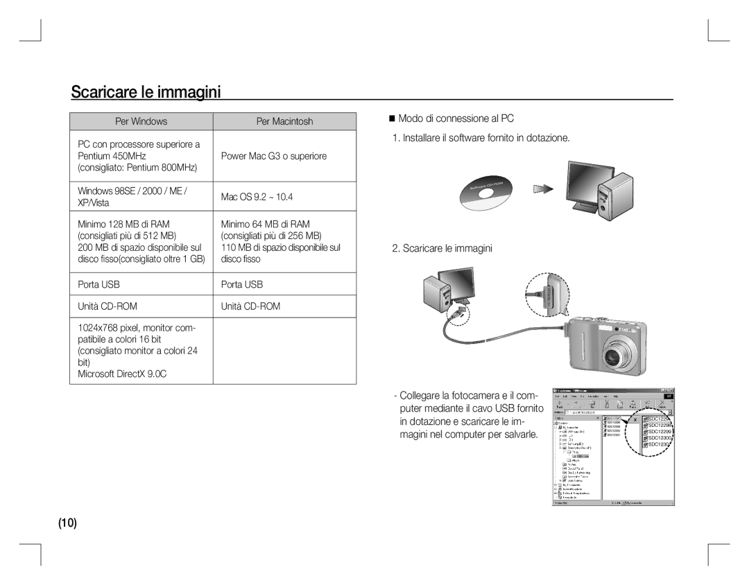 Samsung EC-D760ZSDG/AS manual Scaricare le immagini, Per Windows Per Macintosh, Pentium 450MHz Power Mac G3 o superiore 