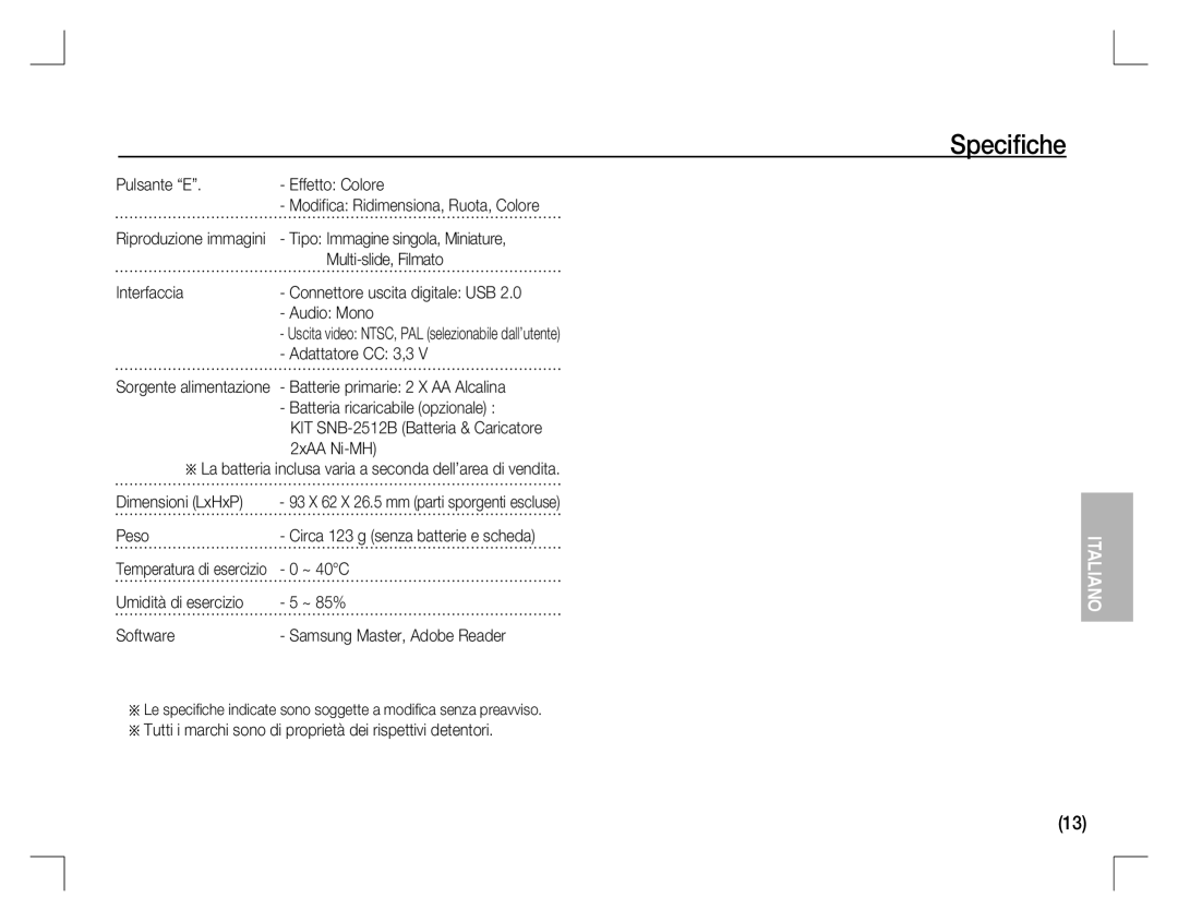 Samsung EC-D860ZSBB/TR manual Pulsante E Effetto Colore, Multi-slide, Filmato, Interfaccia, Adattatore CC 3,3, Peso 