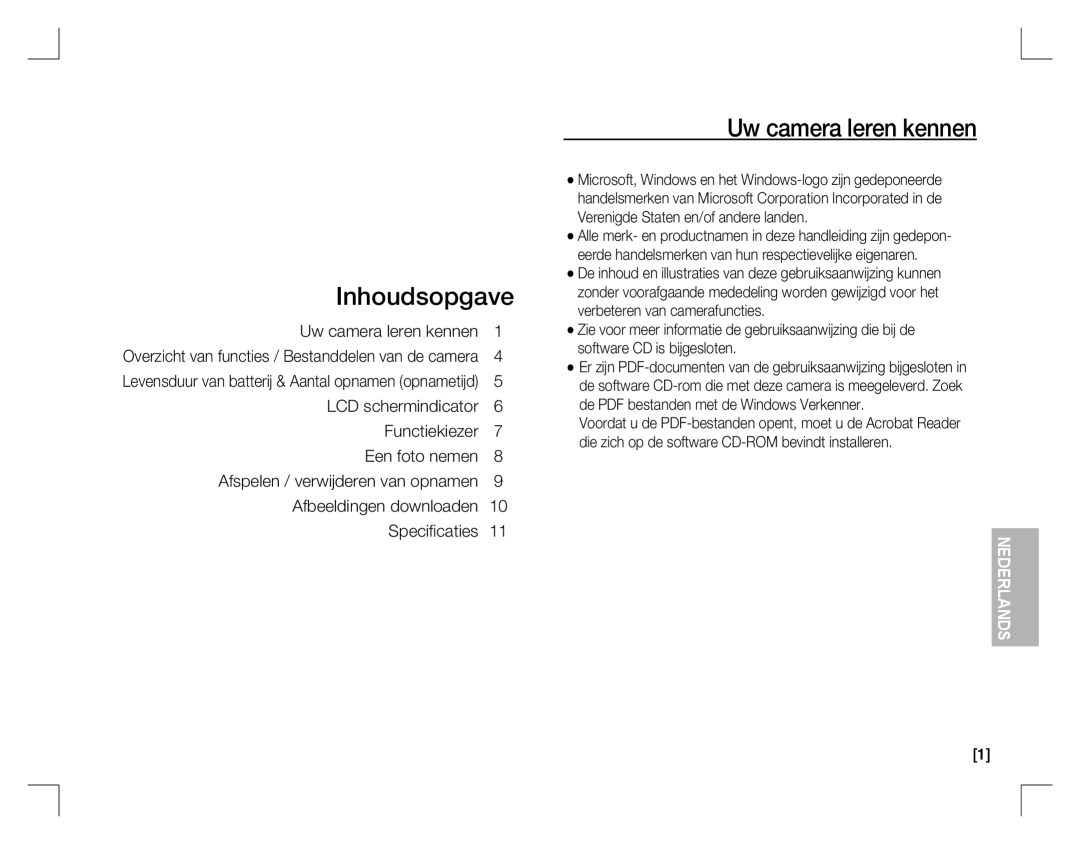 Samsung EC-D860ZSBD/AS manual Inhoudsopgave, Uw camera leren kennen, Overzicht van functies / Bestanddelen van de camera 