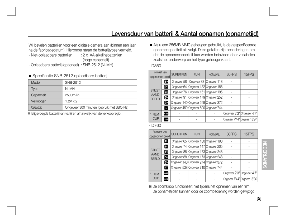 Samsung EC-D760ZBBB/RU, EC-D860ZSBC/FR, EC-D860ZSBD/FR manual Levensduur van batterij & Aantal opnamen opnametijd 