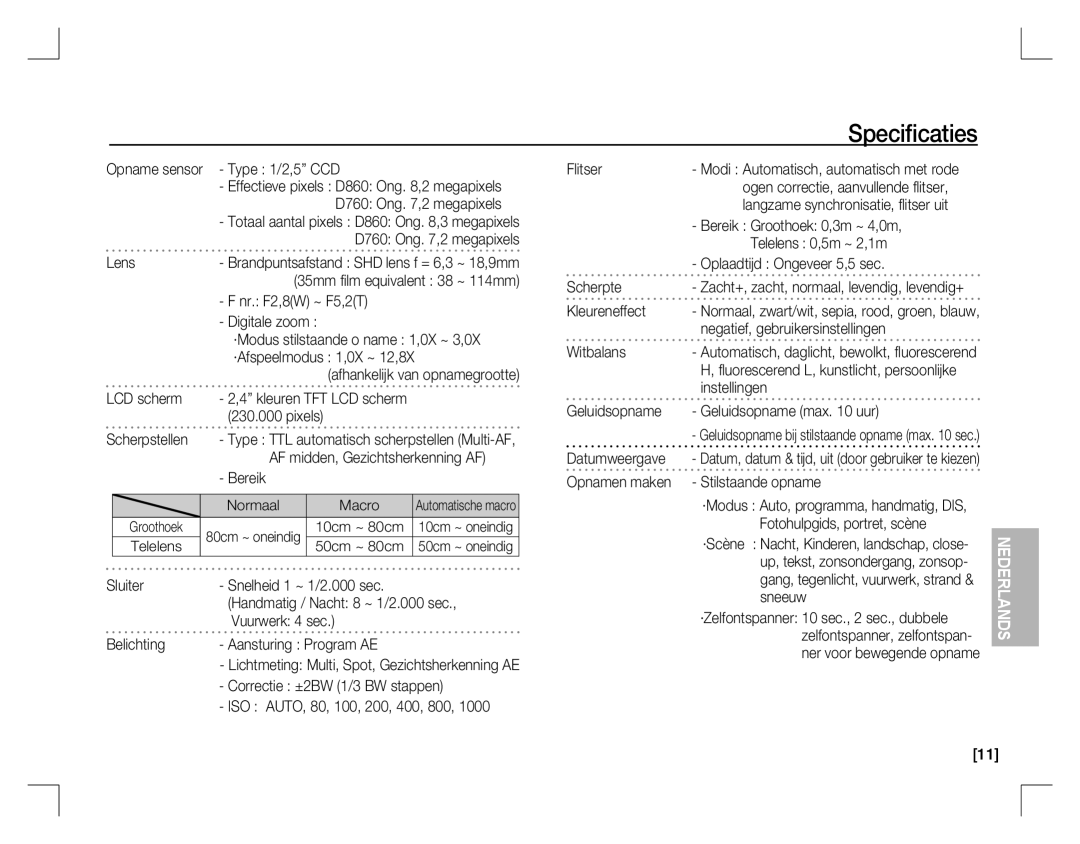 Samsung EC-D860ZSBB/FR, EC-D860ZSBC/FR, EC-D860ZSBD/FR, EC-D760ZSDB/E3, EC-D860ZSDB/E3, EC-D760ZSBB/FR manual Speciﬁcaties 