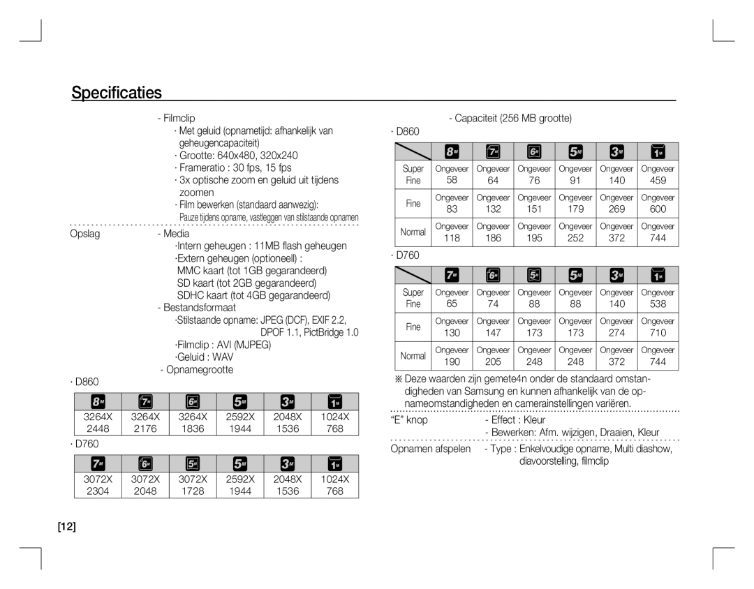 Samsung EC-D760ZSDB/E3 manual Opslag- Media, Bestandsformaat, ·Filmclip AVI Mjpeg, Capaciteit 256 MB grootte · D860 