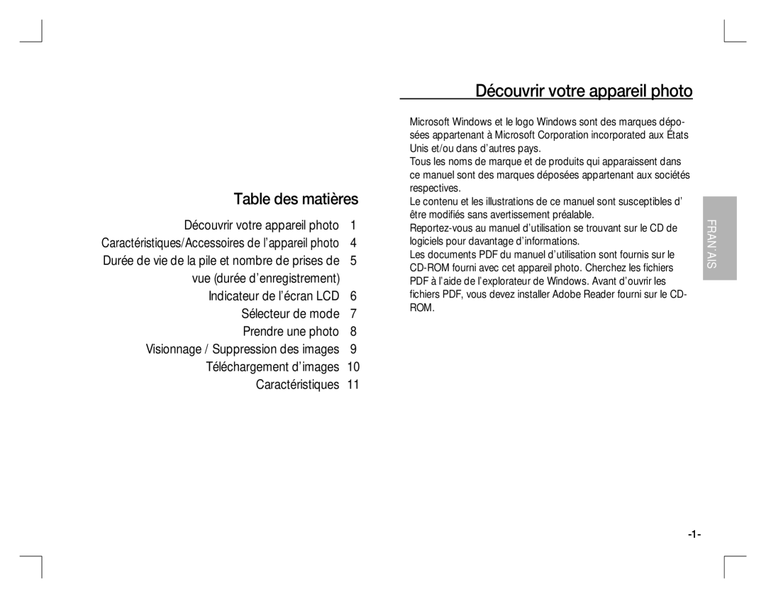 Samsung EC-D860ZSBB/TR, EC-D860ZSBC/FR, EC-D860ZSBD/FR, EC-D860ZSBB/FR Découvrir votre appareil photo, Table des matières 