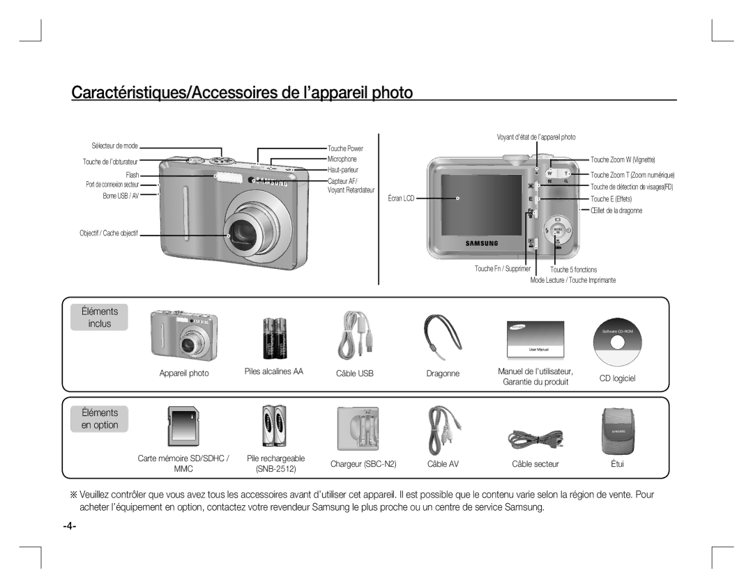 Samsung EC-D760ZSBD/AS manual Caractéristiques/Accessoires de l’appareil photo, Éléments Inclus, Éléments en option 