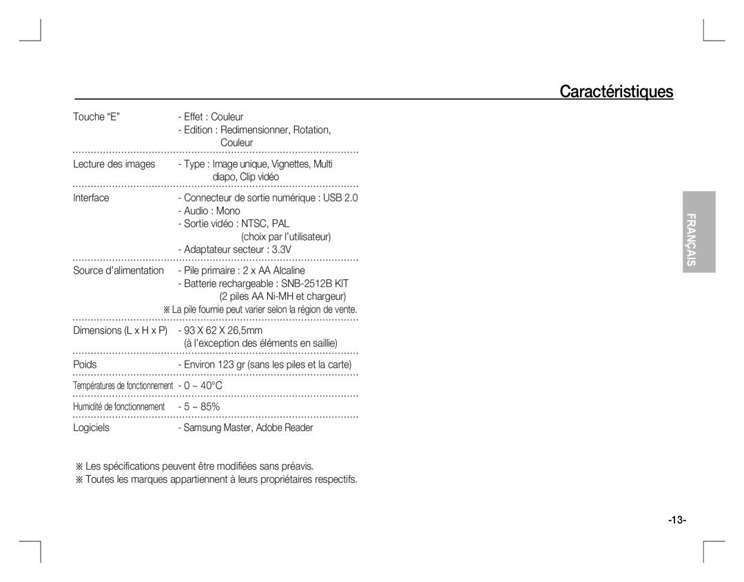 Samsung EC-D860ZSBC/FR manual Touche E Effet Couleur, Lecture des images, Diapo, Clip vidéo, 93 X 62 X 26,5mm, Poids 